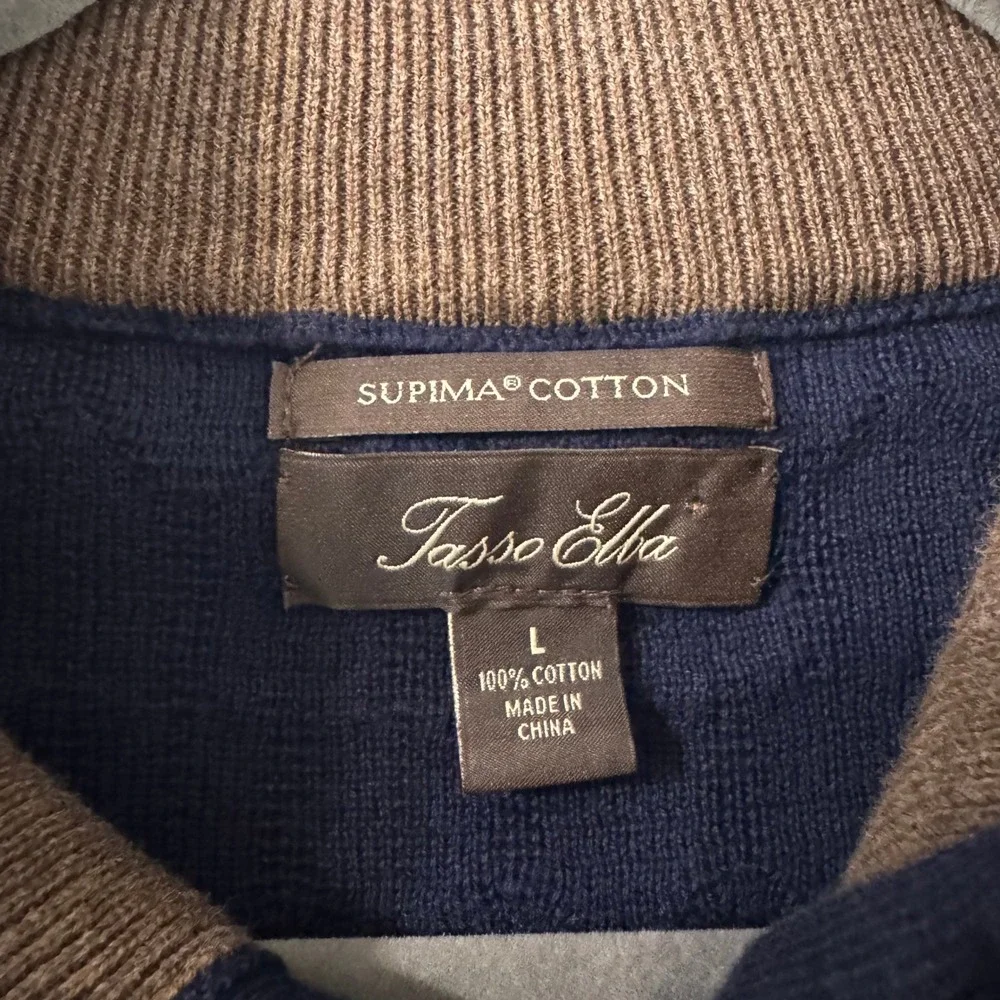 Tasso‎ Elba Mens Sweater Large Navy Blue Supima Cotton Cable Knit Mock Neck